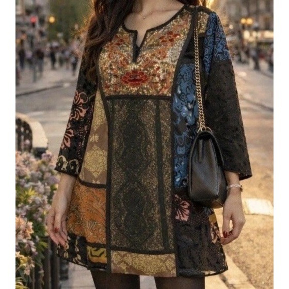SOFT SURROUNDINGS - Cottagecore Burned Velvet Boho Festival Patchwork Tunic -L